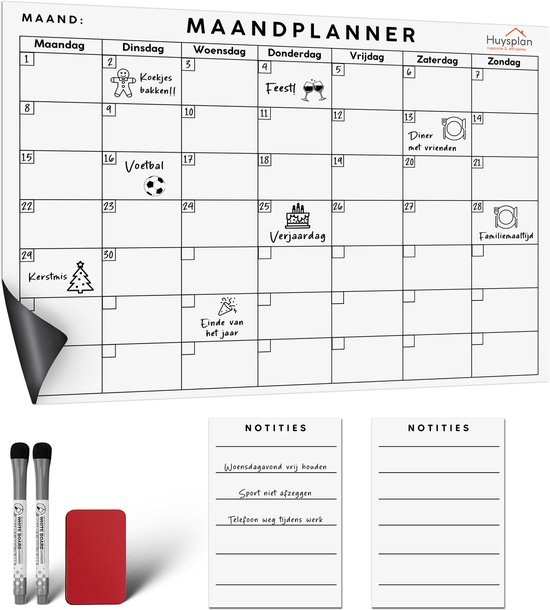 Magnetische maandplanner van Huysplan met magnetische achterkant, stiften en wisser.