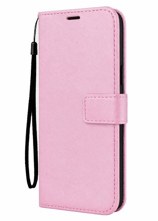 Étui portefeuille rose pâle pour téléphone, style livre, avec lanière et fermeture à bouton-pression.