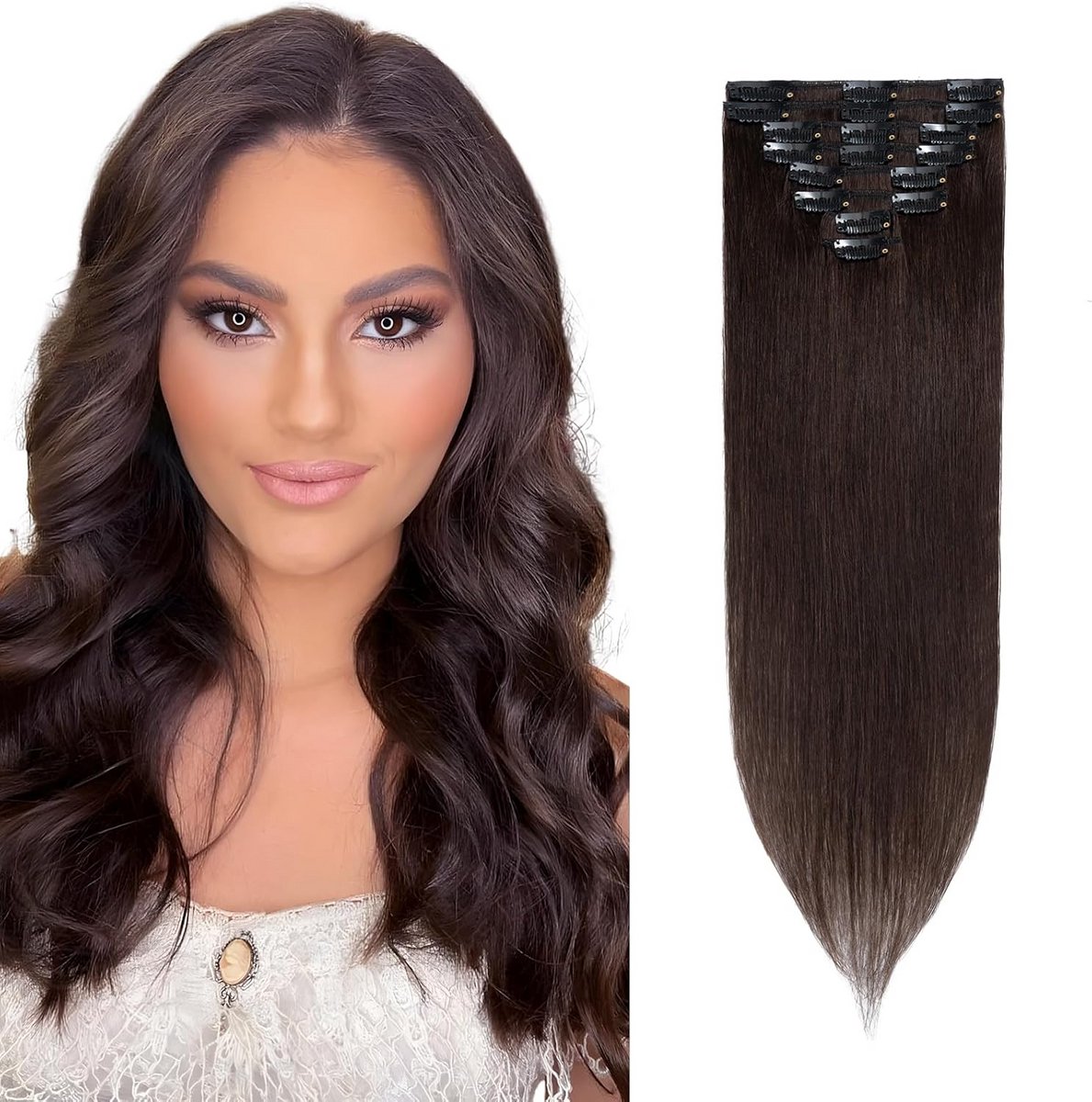 Echt Haar Clip-In Extensions Haarverlenging 25 cm Donkerbruin - Direct Volume & Lengte