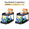 Twee zwarte, uitschuifbare organizers met twee niveaus, elk gevuld met wasmiddelen en schoonmaakmiddelen.