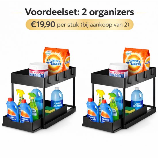 Twee zwarte, uitschuifbare organizers met twee niveaus, elk gevuld met wasmiddelen en schoonmaakmiddelen.
