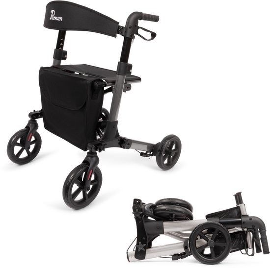 Parvum Brava Rollator - Driedubbel opvouwbaar en lichtgewicht (6,8kg) - Incl. stokhouder, tas & rugleuning - Antraciet