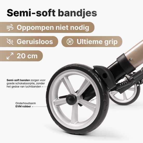 Lichtgrijze velgen met zwarte banden van 20 cm. Semi-soft banden, geen oppompen nodig, geruisloos en ultieme grip.