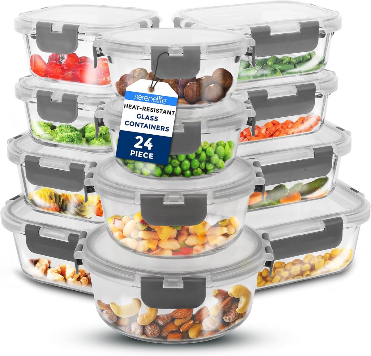 24-Delige Set Glas Voorraadbussen - Lekvrij & Ovenbestendig - Ideaal voor Prep en Bewaren