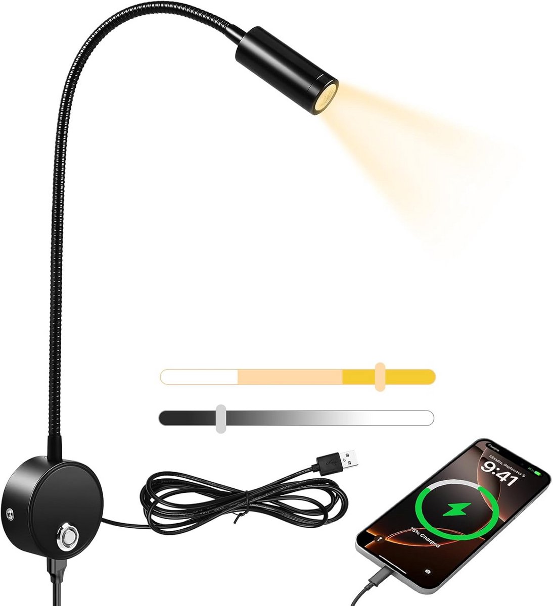 Dimbare LED Wandlamp met USB-Oplaadpoort en Flexibele Leeslamp