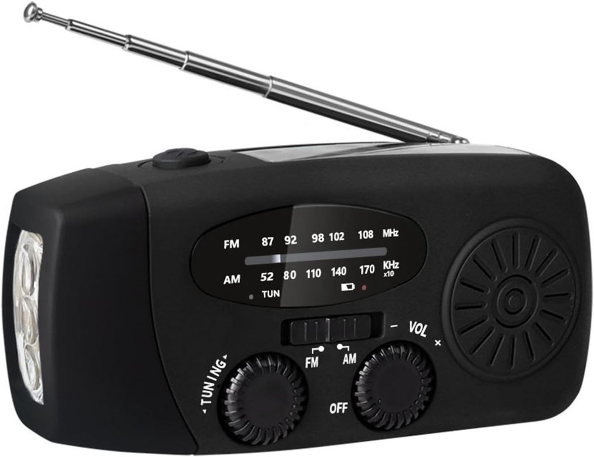 Draagbare Noodradio met Zonnepaneel, Oplaadbaar via USB en Zwengel, Inclusief Zaklamp en Weer-/SOS-Alarm