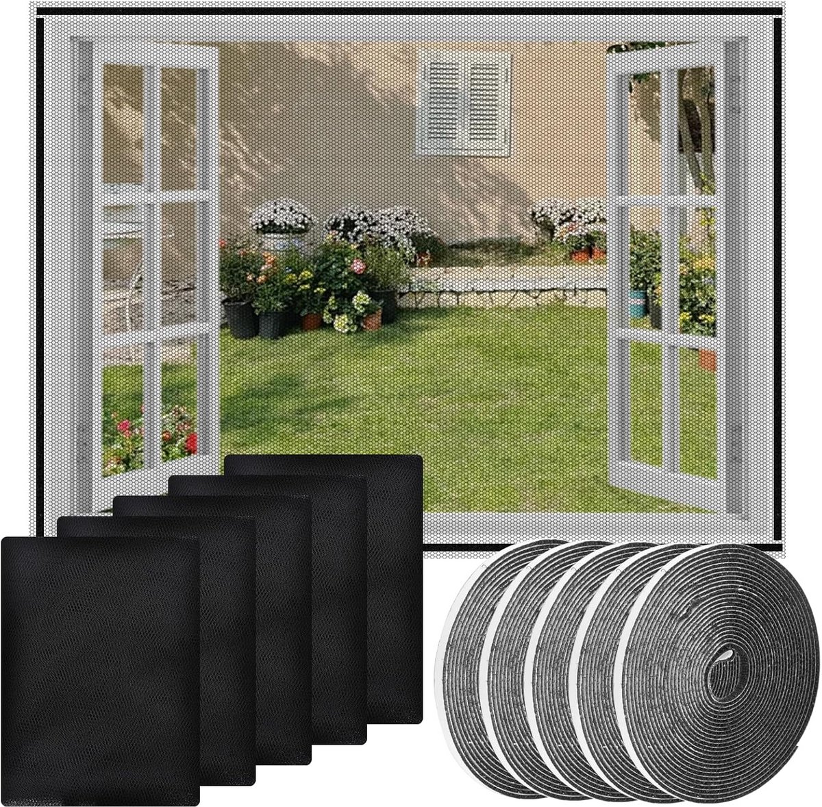 Horren Set (5 Stuks) - Vliegengordijn Raam 150x130 cm - Muggenhor Zwart Inclusief Klittenb