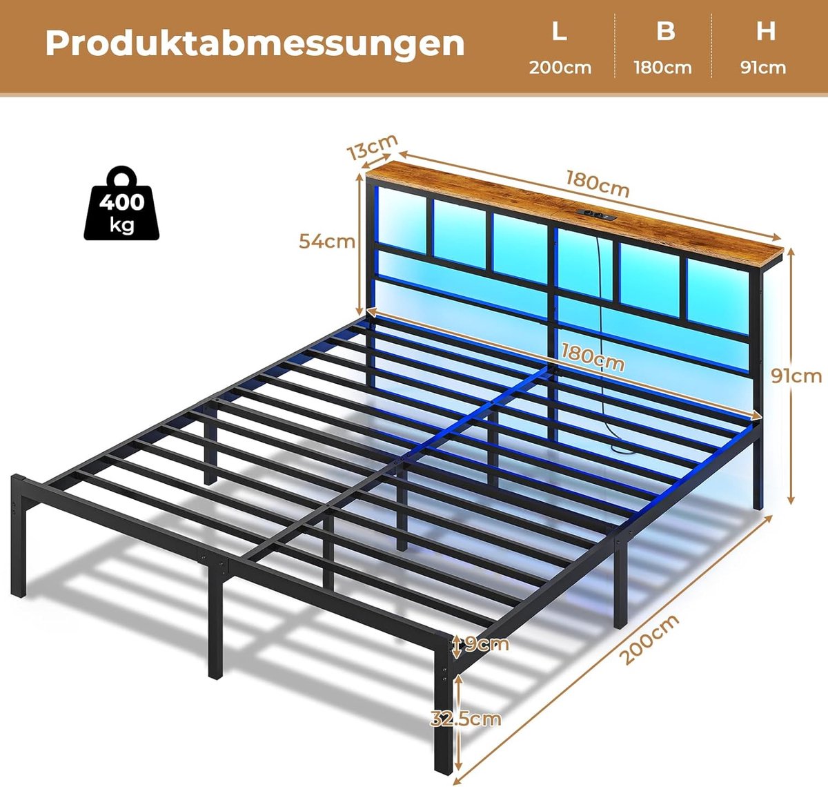 Bed 180x200 cm met LED Verlichting en Oplaadstation – House&Garden Modern Metalen Bedframe met Lattenbodem, Hoofdbord met 2 Stopcontacten & 2 USB Poorten, Opbergruimte, Zwart/Bruin – Smart Luxury Line