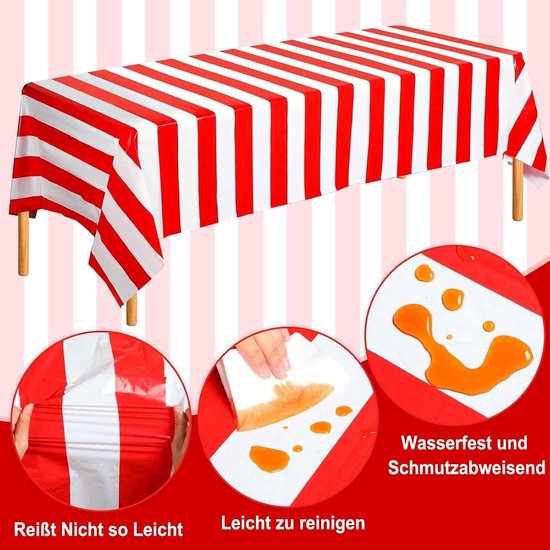 Decoratie tafelkleed met rode en witte strepen - 137 x 274 cm - feestelijk tafelkleed voor carnaval en circus - plastic tafelkleed waterdicht - feestartikelen circusfeestje