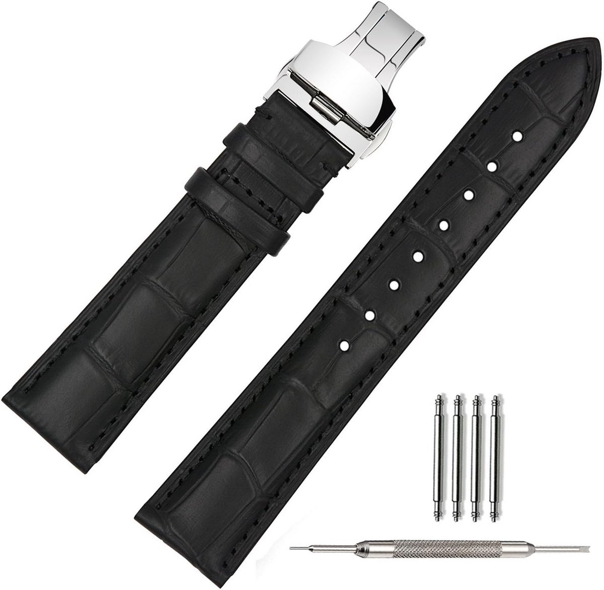 Leren Horlogeband 20mm Zwart met RVS Vouwsluiting