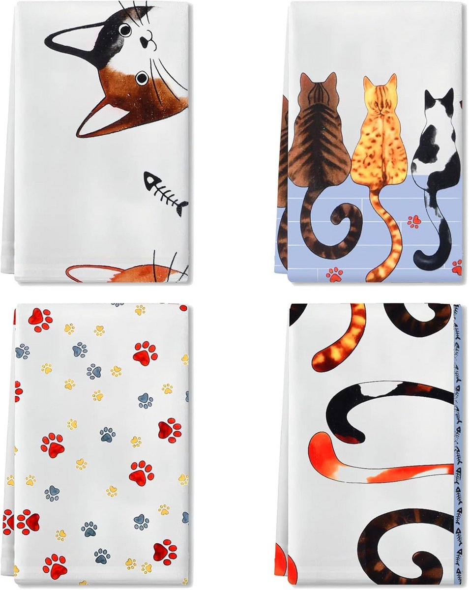4 Keukendoeken Set - Zacht Absorberende Microvezel Dweilen met Kattenprint - 45x66 cm