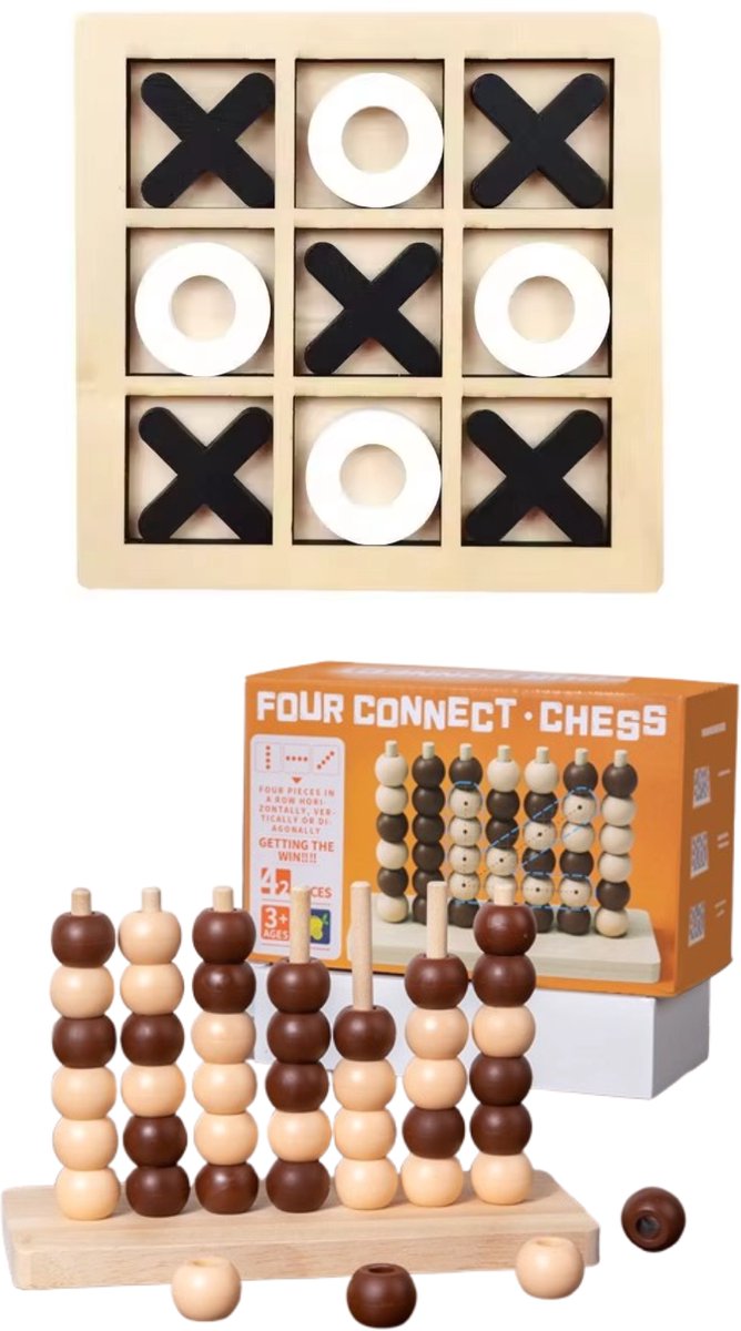 DMG Supply Houten Spelset - Boter Kaas en Eieren - Vier op een Rij 3D - 2 Spellen - 2 Spelers - Vanaf 3 Jaar