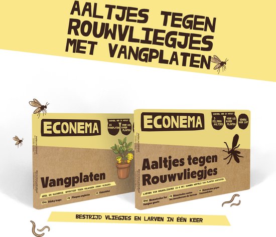 Econema pakken: Vangplaten (geel, klevend) en Aaltjes tegen Rouw­vliegjes (larven bestrijden). Bestrijd vliegen en larven.