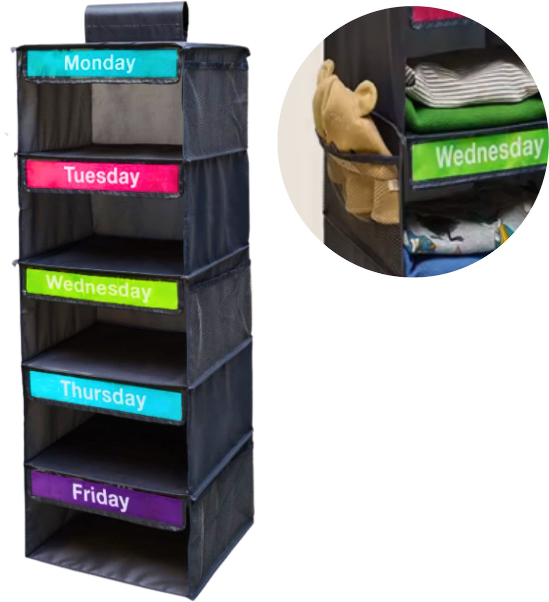Janse® Kleding week organizer zwart - Week organizer kinderen - Opvouwbare kast organizer - School kleding organizer - 5 grote vakken en 6 zijvakken - Hangende opberger - Kleding opberger - Kledingkast organizer