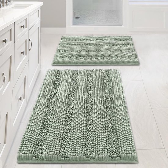 Tapis de bain vert sauge – Set de 2 tapis de bain en chenille extra épais et rayés (style shaggy) pour la salle de bain – Tapis de bain antidérapants pour le sol de la salle de bain (32 x 20 et 24 x 17 pouces)