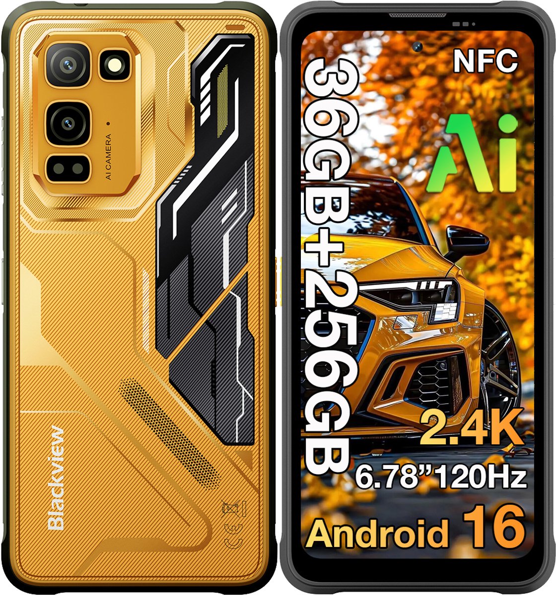 Blackview FORT 5 Robuuste Smartphone - 36GB RAM+256GB ROM - 5000 mAh 33W - 6,78 inch 120Hz - Android 16 - 108MP+50MP AI-Camera - Dual SIM 4G - IP68/IP69K Outdoor Telefoon - Nachtzicht, NFC, GPS,OTG, FM - Geel