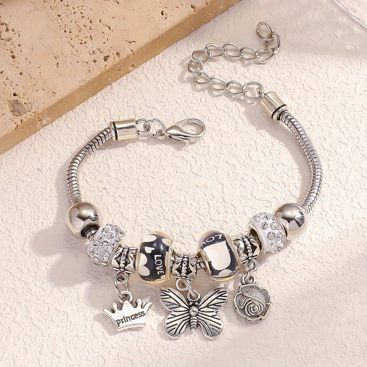 Sjika - Bedelarmband Dames Zilver plated – Armband met Bedels & Kristal Kralen – Pandora Style Charm Bracelet – Verstelbaar — cadeau in Sieraden - foto 5