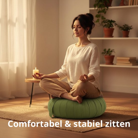 Zafu meditatiekussen rond 35 cm – hard & stevig kapok – yoga kussen / meditatiekussen – Moss groen – met draaglus — afbeelding 5