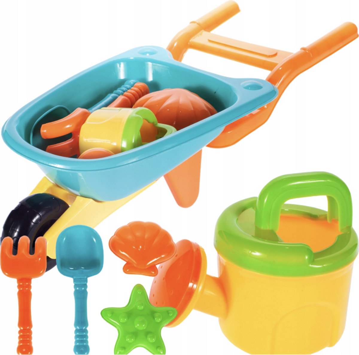 Playos® - Strandspeelgoed - Kruiwagen - Inclusief Accessoires - Zandspeelgoed - Buitenspeelgoed - met Gieter, Schep, Hark en Mallen - Bouwen
