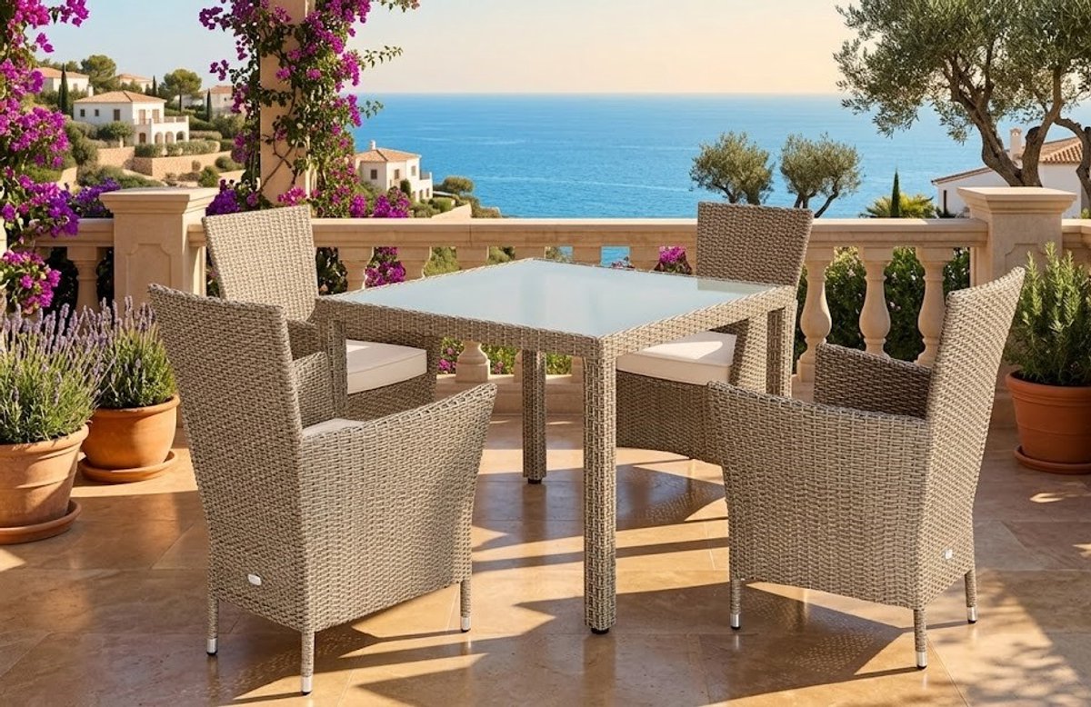 Luxe 5-Delige Polyrattan Tuinset met Glazen Tafel 90x90 cm – 4 Stapelbare Tuinstoelen met Kussens – Perfect voor Balkon, Terras en Tuin