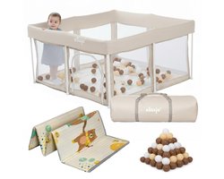 Elissio® - Grondbox Baby - Inklapbare Speelbox met Dubbelzijdige Speelmat & 50 Ballen - Kruipbox - Kinderbox - Playpen Baby - 125x125x65 CM - Beige