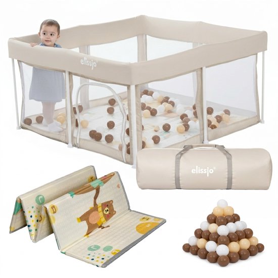 Collage: Beige box met mesh zijkanten en een baby, opgevouwen speelmat met berenprint, draagtas en stapel ballen.