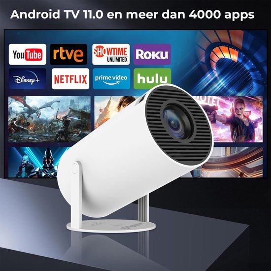 Witte cilindervormige projector met Android TV 11.0 en meer dan 4000 apps, waaronder YouTube, Netflix, Disney+.