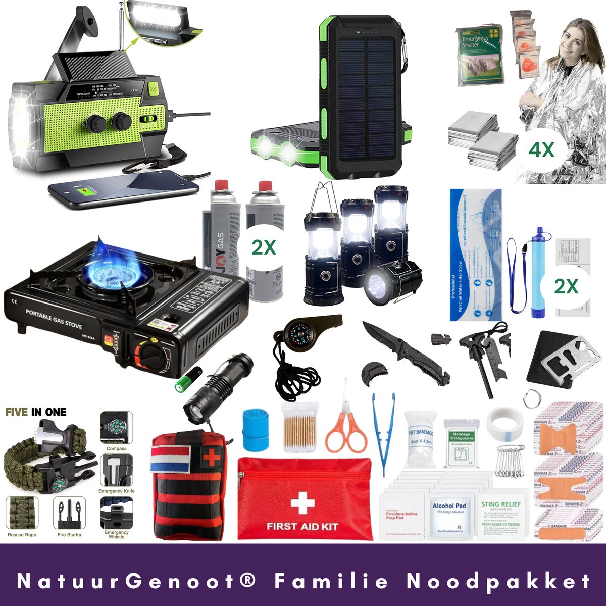 Compleet Noodpakket 72 Uur – 4000mAh Noodradio- Powerbank- Waterfilter- Zaklamp- Gasstel + 2 Gasflessen- Survival Kit- Noodfluitje – Voor Thuis, Auto & Camping- Lantaarn