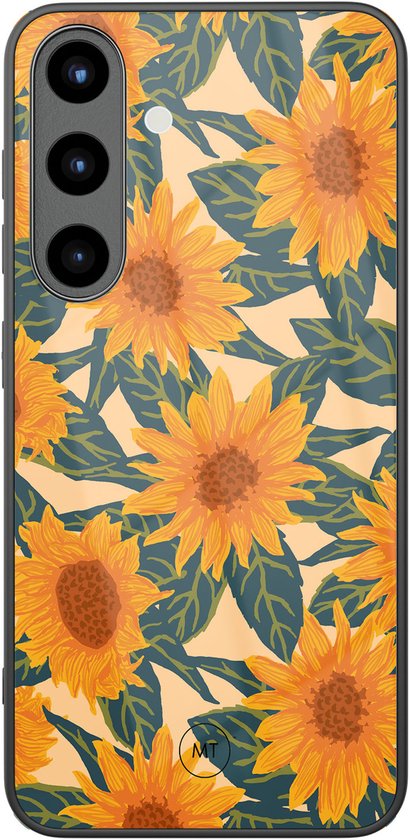 Coque de téléphone noire avec un motif de tournesols orange et de feuilles vertes.
