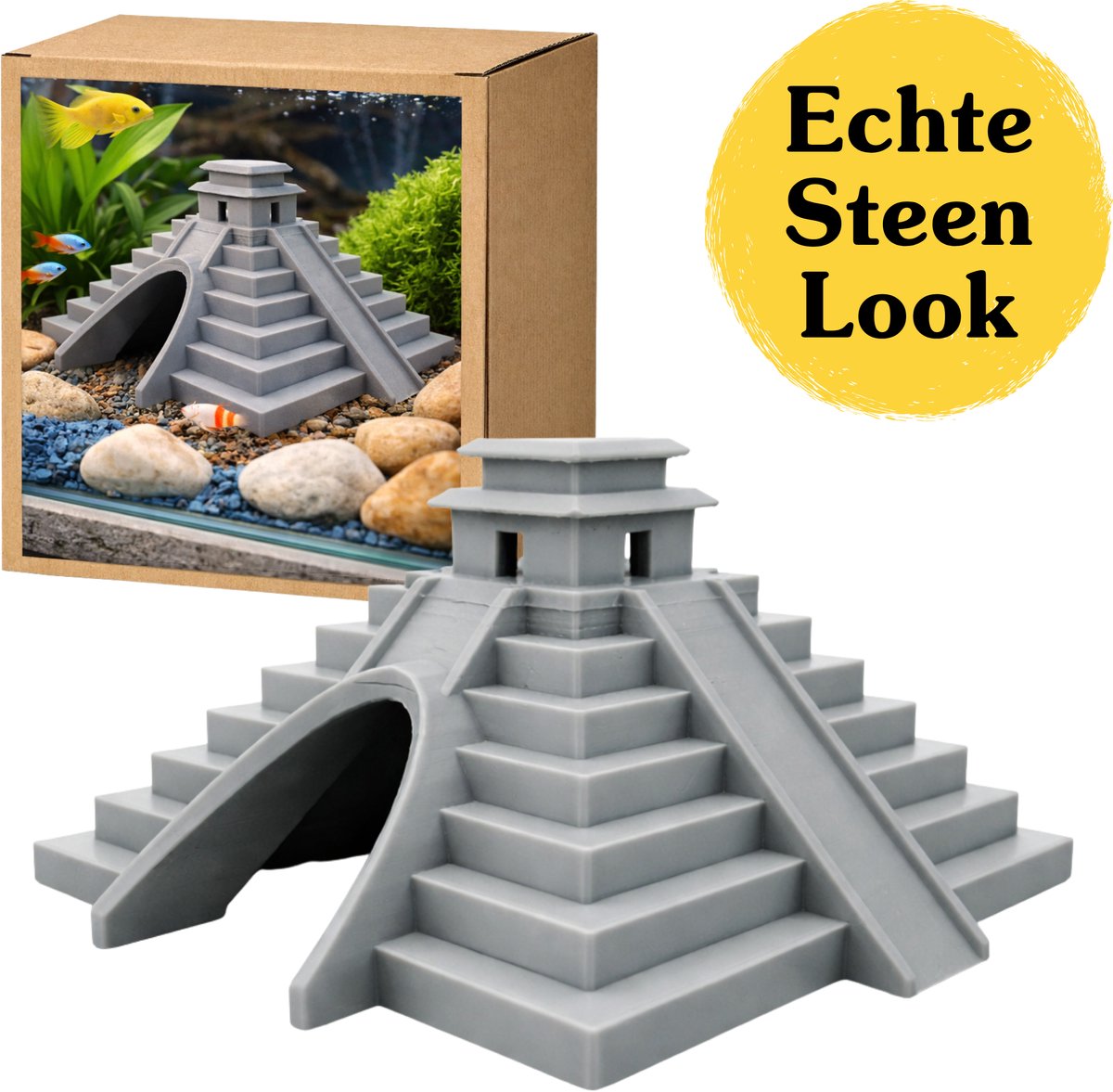 Azteken Piramide Aquarium Decoratie 15x15x7 cm – Aquarium Ornament Grot, Vissen Schuilplaats, Terrarium Decor, Reptielen Verstopplek, Aquarium Accessoires, Vis Decoratie