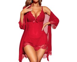 Dames babydoll nachtkleding set - Rode kant lingerie met strik - XXL