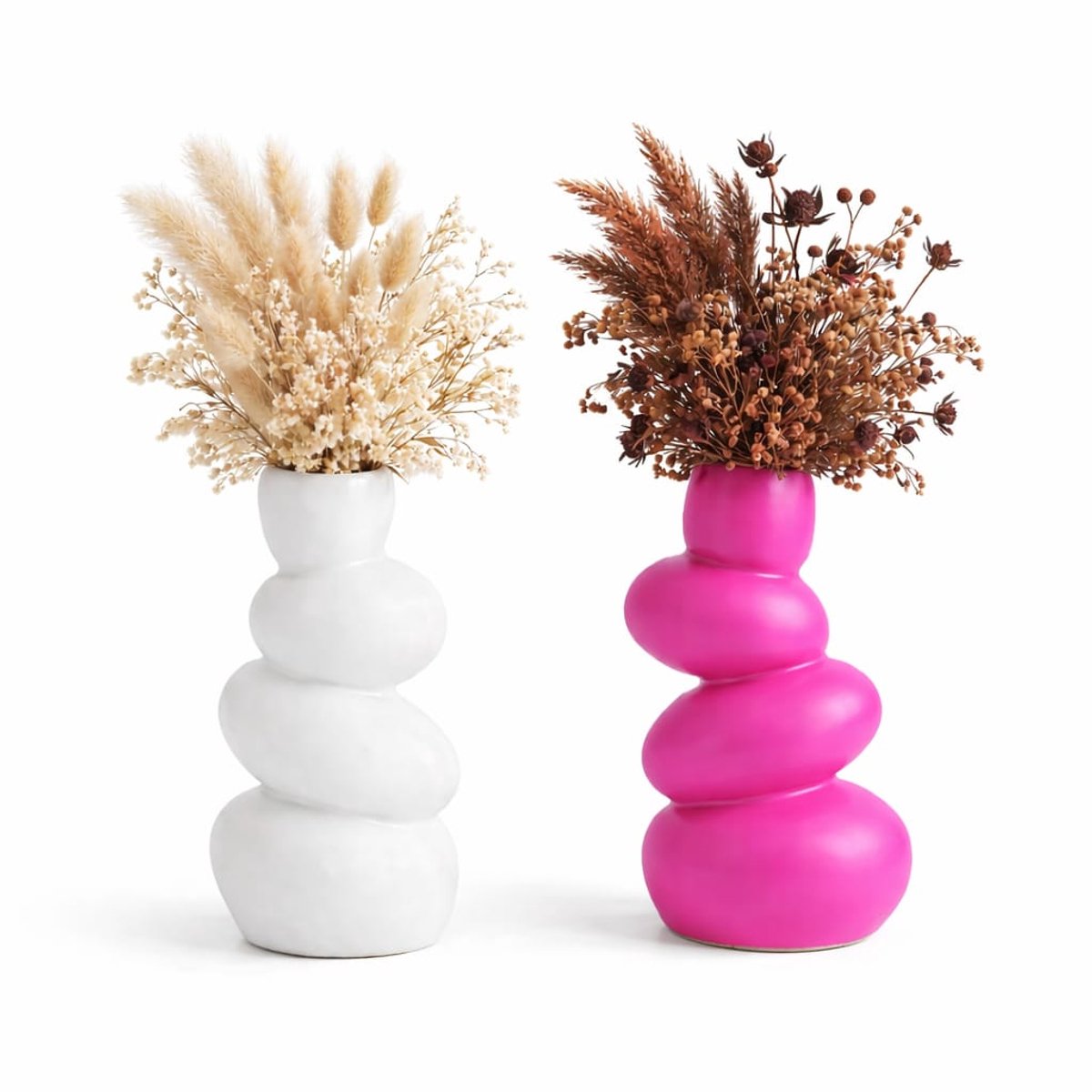QORVANE Home - 2-delige abstracte vaas set - wit en roze - sculpturale siervazen voor moderne woondecoratie