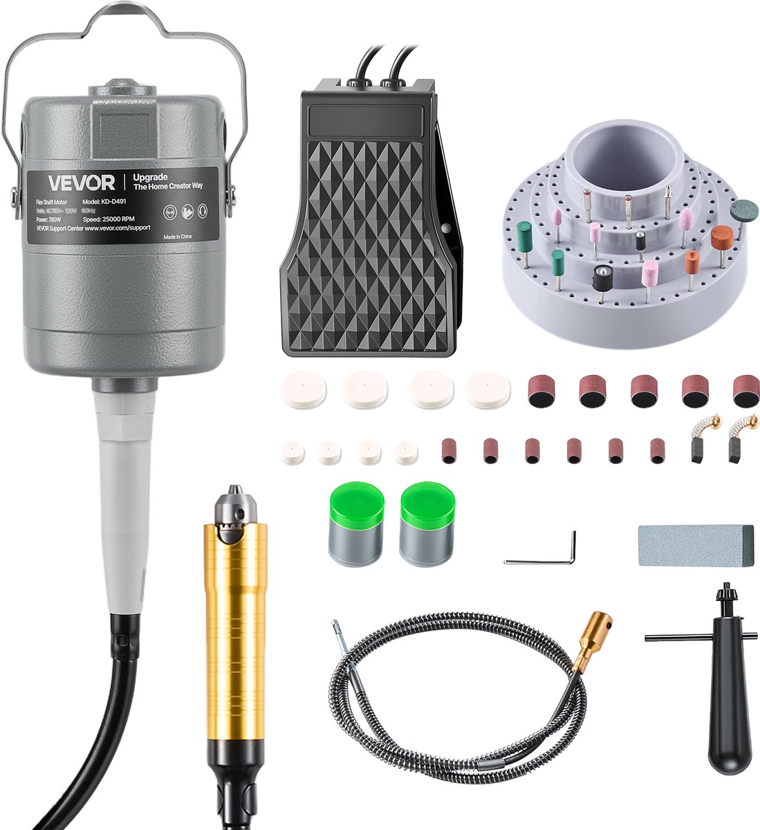 VEVOR Elektrische Roterende Machine, 780 W, 25.000 TPM, Flexibele As Roterende Machine met Voetpedaalbediening, Hangende Freesmachine met 112-Delige Accessoire Set, Hogesnelheidsslijpen voor Slijpen, Polijsten en Snijden