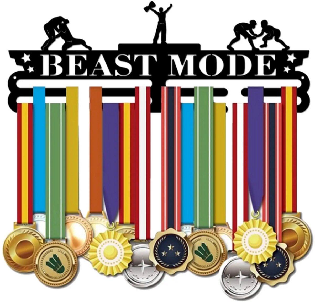 Janse® Medaille rek Beastmode - Medaille organizer zwart - Metalen medaillehanger - Medaille display - Haken voor prijzen - Kapstok voor medailles - Winnaars cadeau - Wedstrijd prijzen - Judo - Jiujitsu - Worstelen - Wanddecoratie - Opbergsysteem