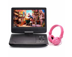 10 Inch - Portable Draagbare DVD Speler met Scherm - Inclusief Roze On Ear Kids Koptelefoon - Voor Auto & Thuis - Accu + Autoladen + Thuislader - Onderweg - Kinderen