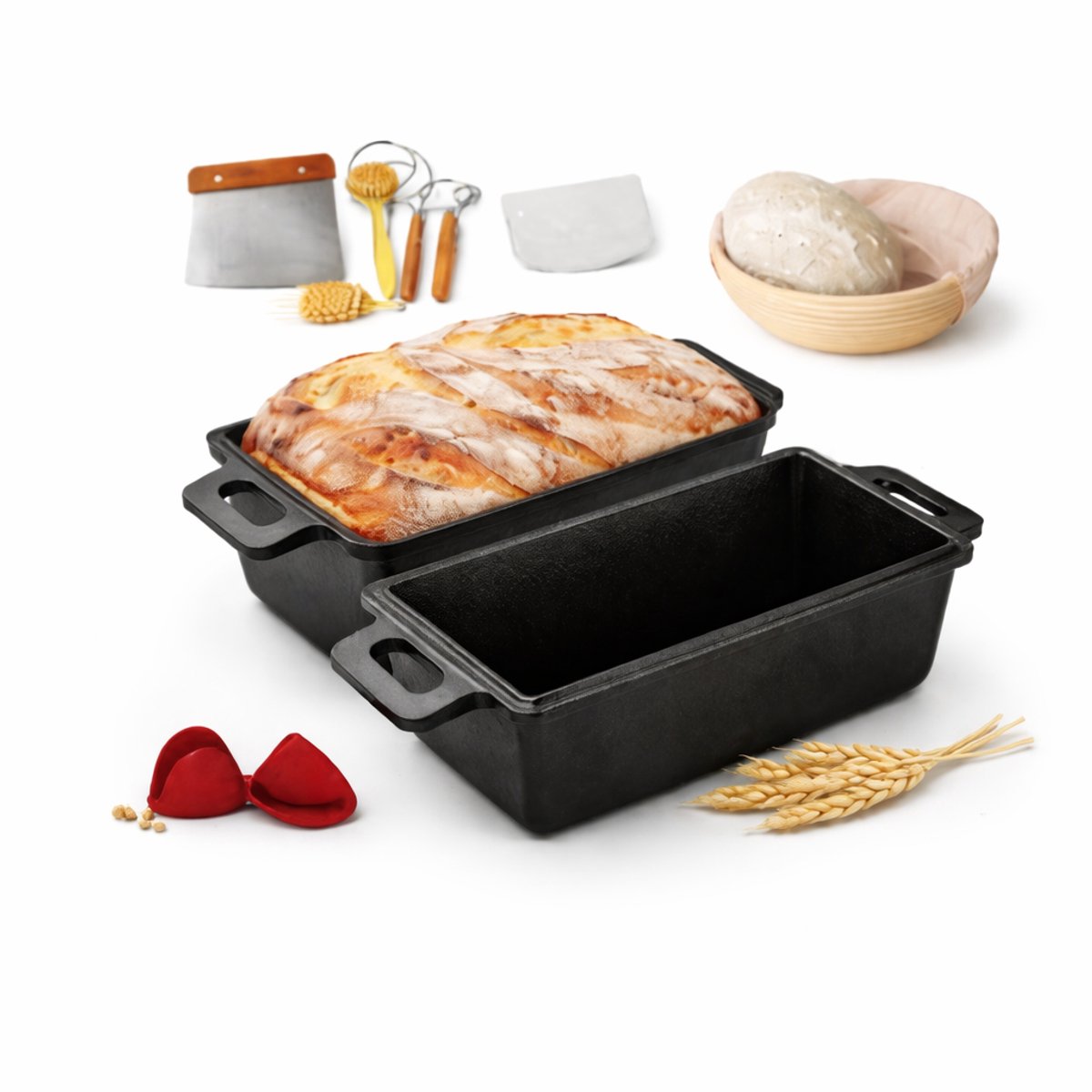 MIRO® Broodbakbol Gietijzer 17 -Delig - Broodpan - Dutch Oven - Cast Iron - Broodbakpan - Voor Zuurdesem & Ambachtelijk Brood – Inclusief Rijsmand & Accessoires - 25 CM - Zwart