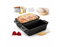 Cocotte à pain MIRO® en fonte 17 pièces - Moule à pain - Dutch Oven - Cast Iron - Cocotte de boulangerie - Pour levain & pain artisanal – Comprenant panier de fermentation & accessoires - 25 CM - Zwart