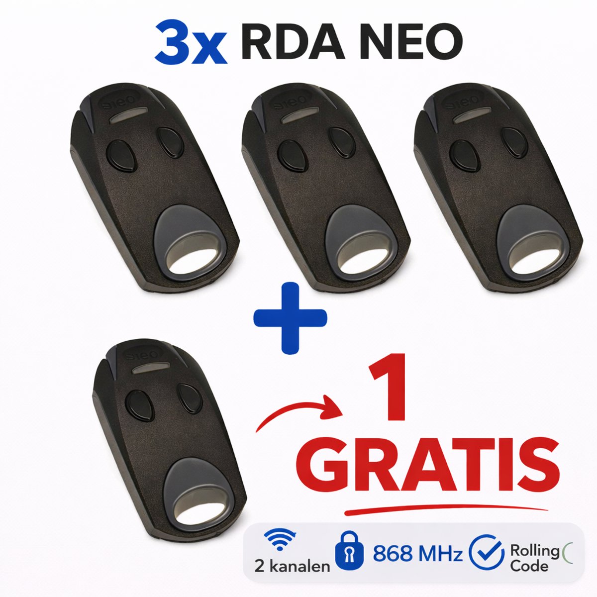 3 + 1 GRATIS RDA NEO Handzender - 2-Kanaals 868 MHz - Zwart - Voor Aandrijvingen van het merk RDA