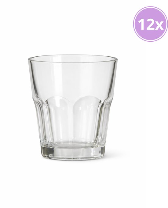 Un verre à boire transparent vide avec des côtés côtelés. Marqué '12x'.