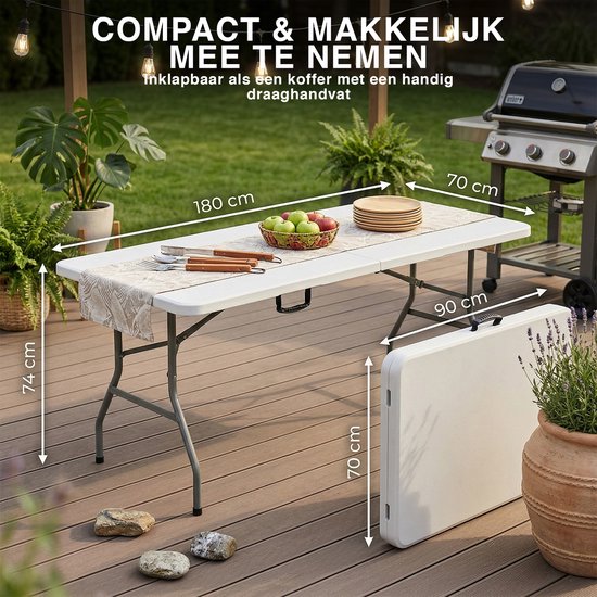 Klaptafel - 180x70 cm - Wit - Inklapbaar Tafel - Weerbestendig van Merkloos — afbeelding 5