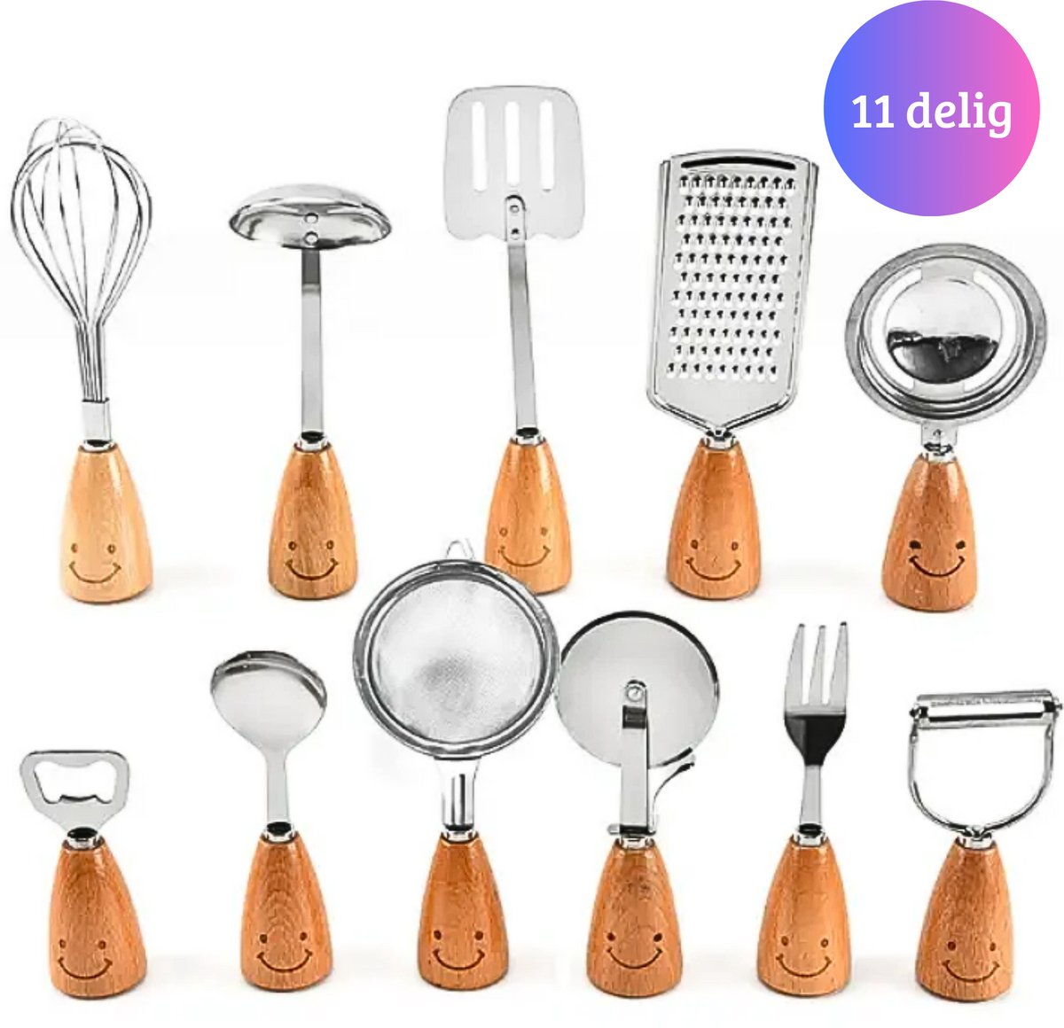 Janse® Keukengerei set 11 delig - Kookgerei - Spatel - Keukenset - Koken - Kookaccessoires - Keuken tools - Pizzasnijder - Dunschiller - Garde - Pollepel - Vork - Flesopener - Eischeider - Rasp - Zeef