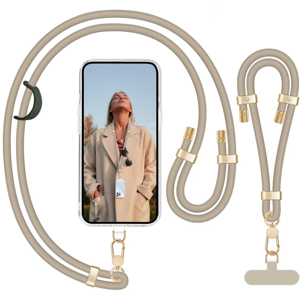Luxe Nek & Pols Telefoonkoord Set met Bevestigingsplaatjes, - Universeel GSM Lanyard Keycord Strap Verstelbaar - Crosssbody Sleutelkoord Telefoonketting - Telefoon Koord Sleutelhanger - Keykoord Pashouder - Phone Ketting Cord - Nekkoord KaKi
