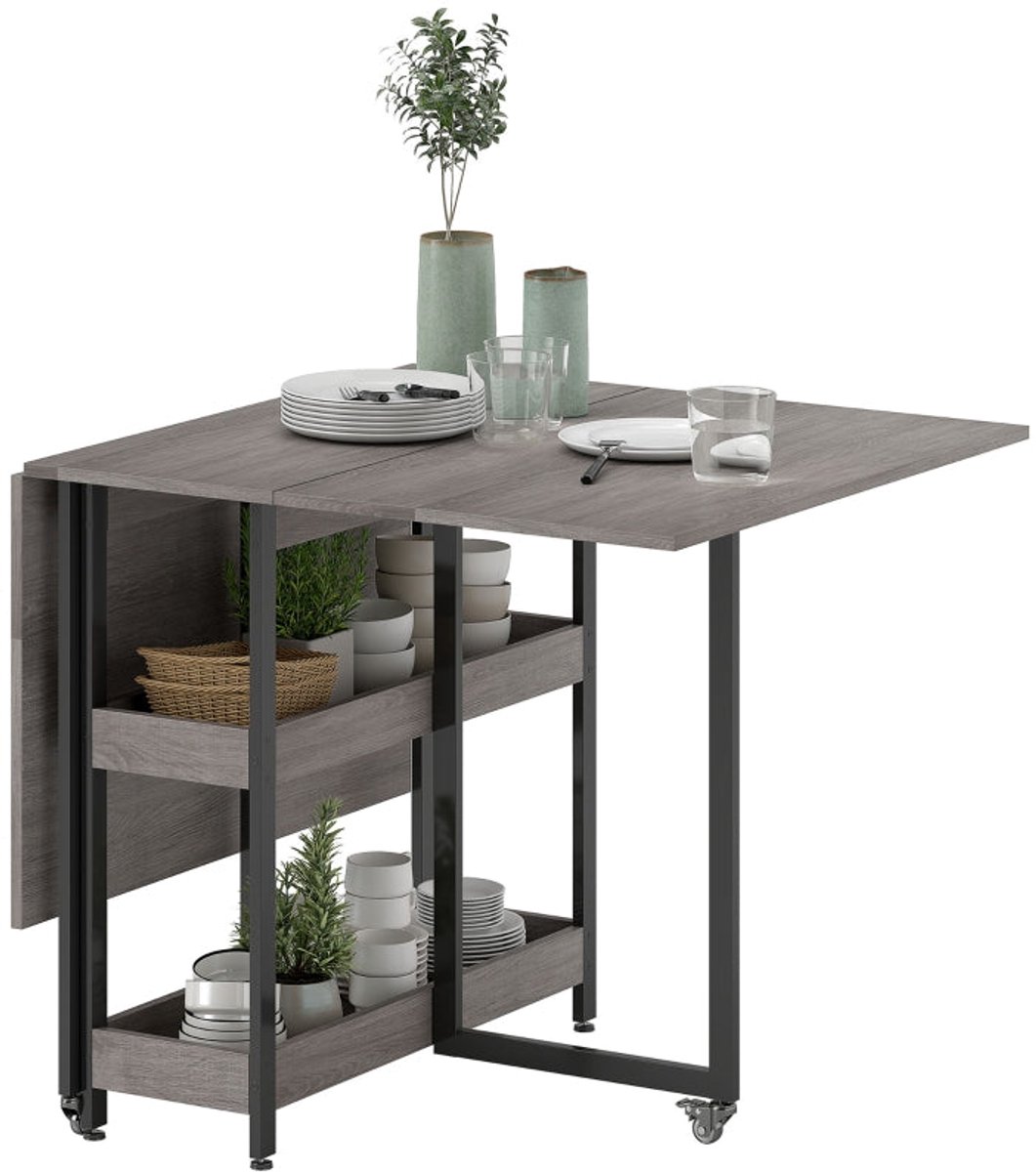 Merax Inklapbare Eettafel met Wielen – Uitschuifbare Klaptafel voor 2-4 Personen – Keukentafel met Opbergrekken – Ruimtebesparend Grijs