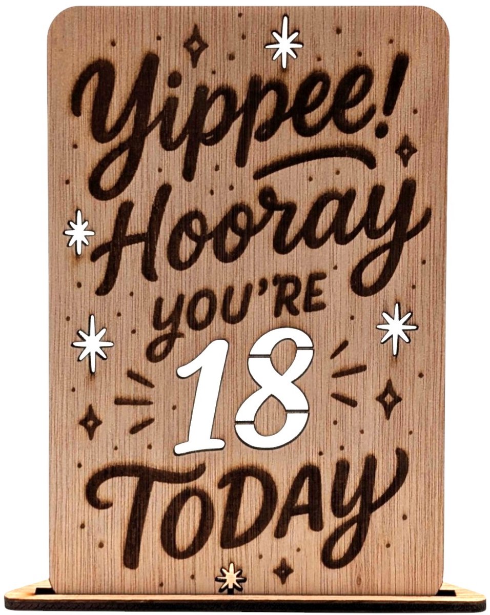 Vilewoods Houten Verjaardagskaart 18 Jaar – Yippee Hooray Design – Inclusief Envelop – Handgemaakt