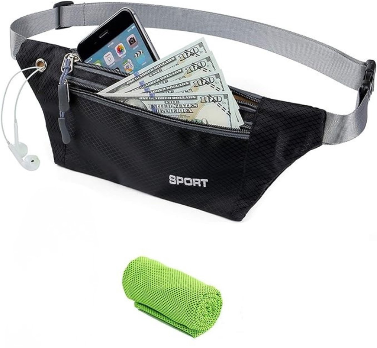 Running belt - flipbelt - hardloopriem telefoon - Hardloop riem - Ruime Opbergvakken voor Smartphone, Drinkfles of Powerbank - Reflectie Strip - 80 tot 118 cm - zwart grijs - van Imperatoris