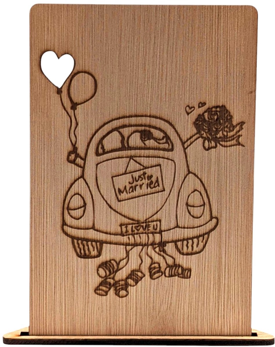 Vilewoods Houten Trouwkaart – Just Married Auto – Inclusief Envelop – Handgemaakt