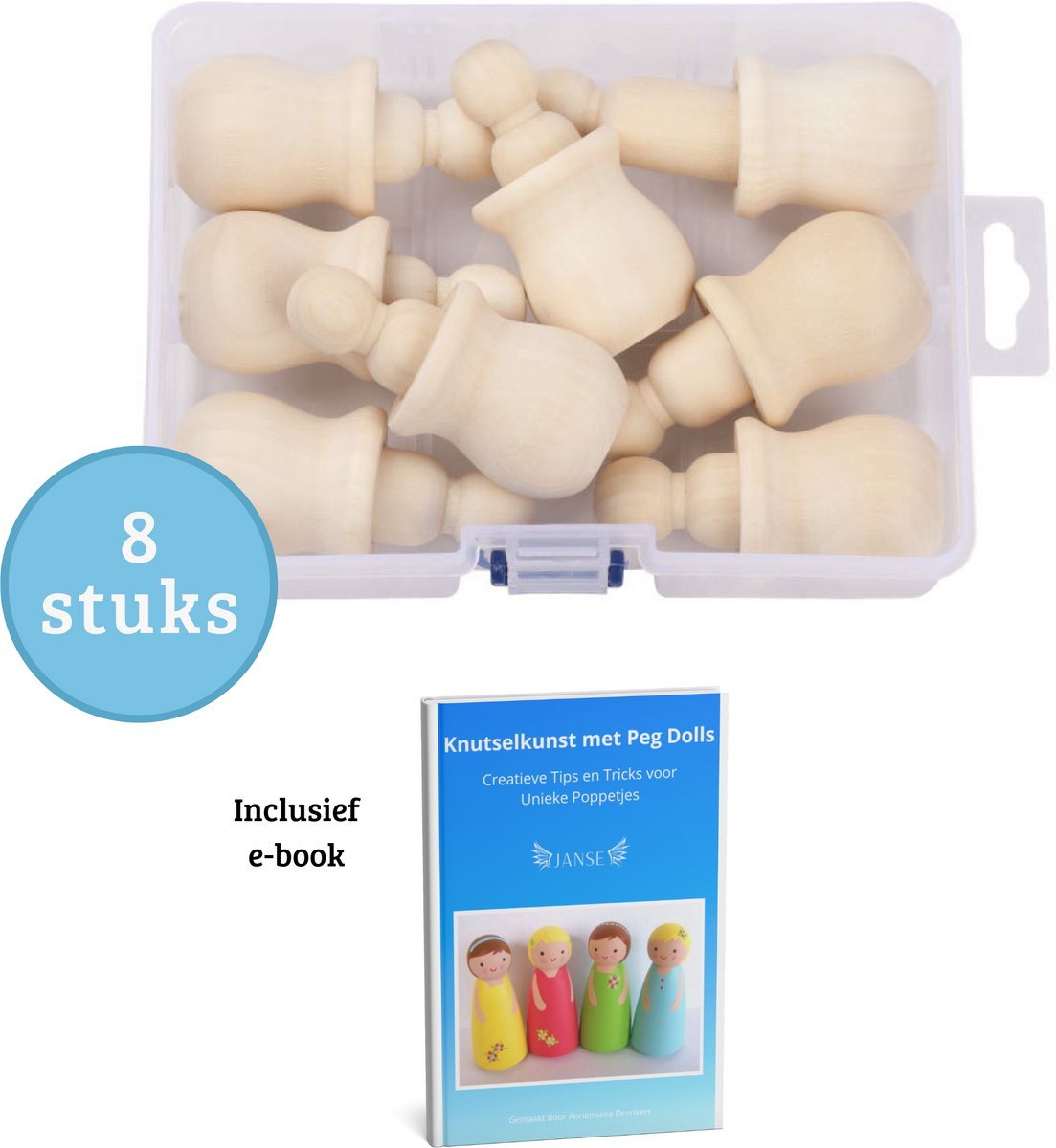 Janse® Peg dolls in cup 8 stuks set - Inclusief e-book Knutselkunst met Peg dolls - Poppenhuis poppetjes - Houten poppetjes - Houten pionnen - Kegelpoppetjes - Creatief - Houten mensen
