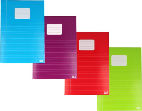 Vier DULA schriften in het blauw, paars, rood en groen, met lijntjes en een label voor de titel.