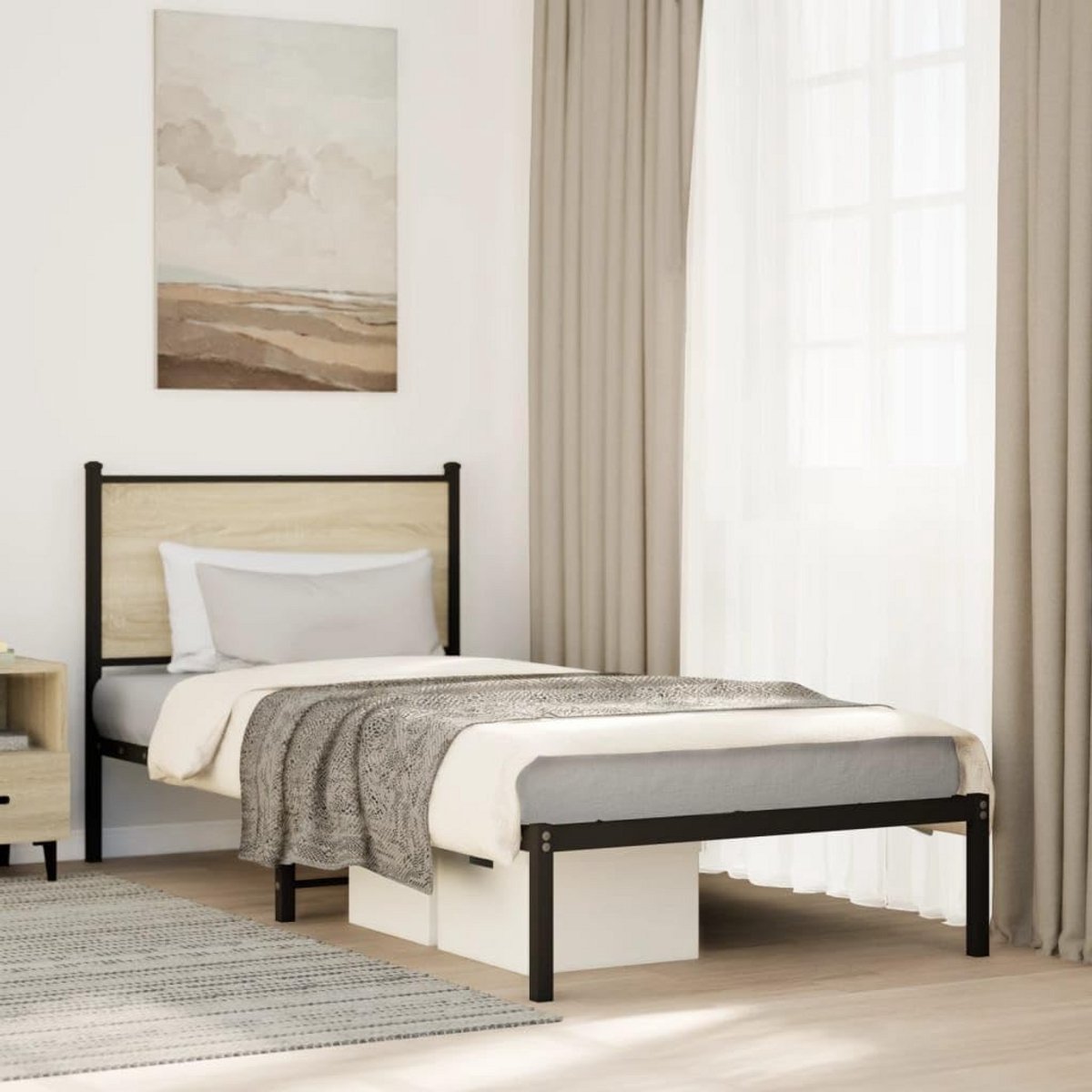 Eenpersoons Bedframe van Metaal met Hoofdbord Sonoma Eiken 80x200 cm