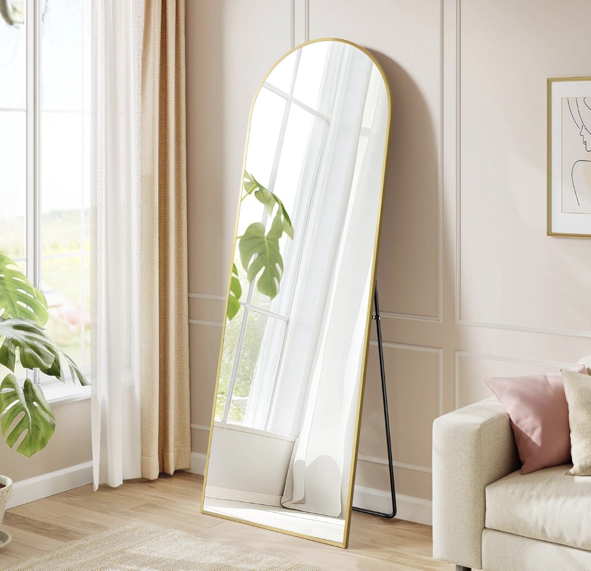 Full Length Spiegel 160x50 cm | Staande Passpiegel met Gebogen Design, Aluminium Frame, Gehard Glas | Slaapkamer, Woonkamer, Kleedkamer | Lichtgoud